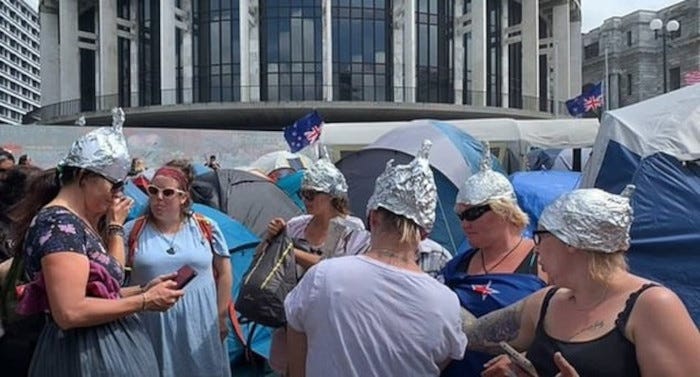 image of protesters wearing aluminium foil hats outside the New Zealand parliament building ('Beehive')