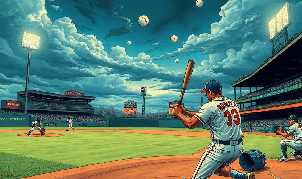 A fantasy of baseball: Red-seamed white baseballs fly through the night sky which is full of clouds, over a near empty stadium, with hardly any players in view. One player, a batter is holding his bat up but he's not in the box yet, the pitcher is crouched waiting for the catcher's signals from behind the batters box. Between the catcher and batter, is an overturned water cooler or garbage can. I think I must be dreaming. It's a weird dream.