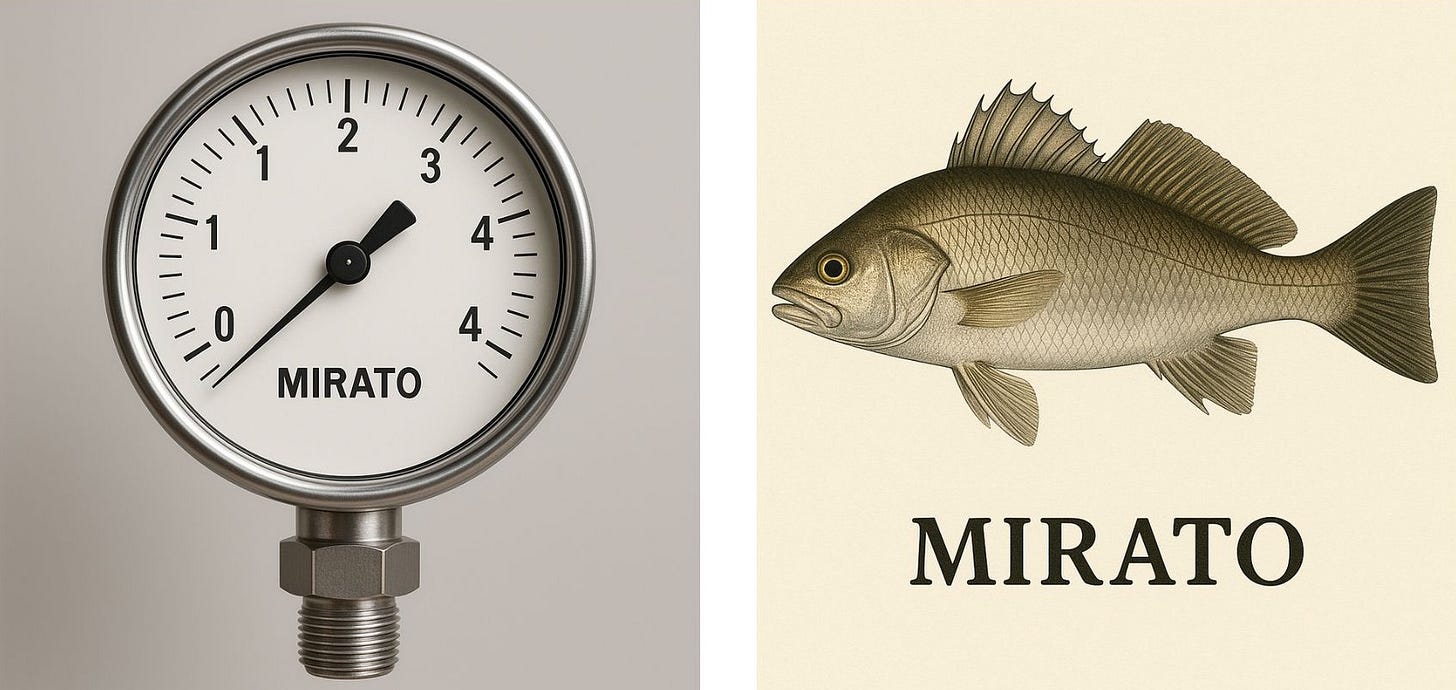 Left image: Industrial pressure gauge with chrome bezel showing scale from 0 to 4, needle pointing to approximately 3, with 'MIRATO' text on white dial face and threaded connection at bottom Right image: Detailed vintage-style illustration of a bass fish in brown and olive tones, showing scales, fins, and anatomical features, with 'MIRATO' text below in black lettering Left image: Industrial pressure gauge with chrome bezel showing scale from 0 to 4, needle pointing to approximately 3, with 'MIRATO' text on white dial face and threaded connection at bottom Right image: Detailed vintage-style illustration of a bass fish in brown and olive tones, showing scales, fins, and anatomical features, with 'MIRATO' text below in black lettering