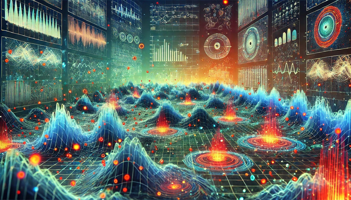 A futuristic landscape illustrating the concept of AI-driven anomaly detection. The scene features a web of interconnected neural networks with flowing data streams, highlighted by irregular, glowing patterns representing anomalies detected by autoencoders. In contrast to the smooth flow of normal data, some nodes pulse with vibrant red or orange hues, symbolizing anomalies. The backdrop includes abstract representations of data grids, mathematical symbols, and fluctuating waveforms, creating a visual contrast between normal and anomalous behavior. The color palette is a mix of cool blues and greens, with striking warm tones marking the anomalies.