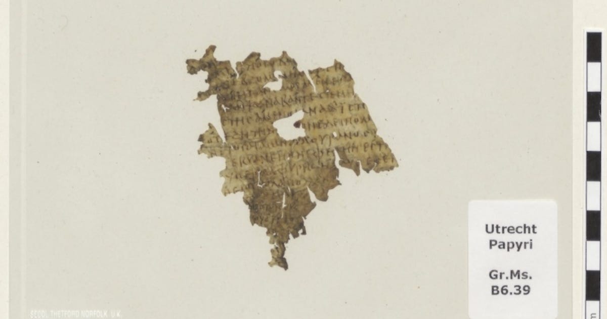 The front of the Odyssey fragment, with lines from Book 12 still legible. Utrecht Papyri, Gr. Ms. B6.39. The front of the Odyssey fragment, with lines from Book 12 still legible. Utrecht Papyri, Gr. Ms. B6.39.