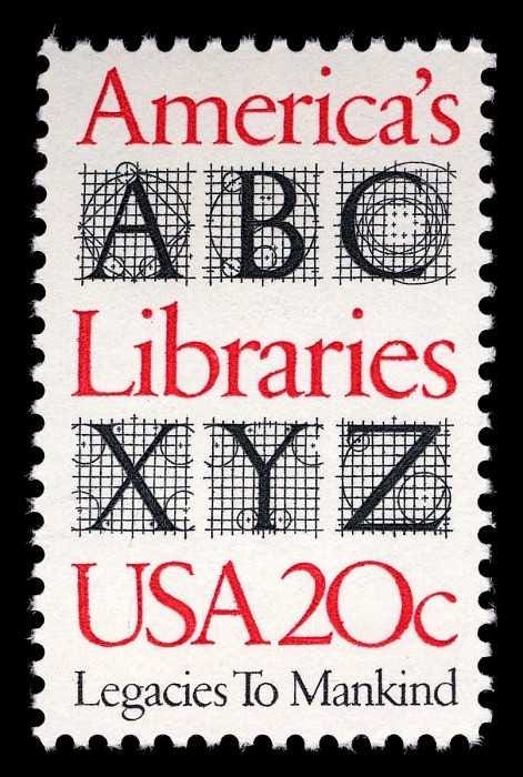 A 1982 U.S. postage stamp in red and black featuring ornate Renaissance-style letterforms and geometric construction grids used in typography and book design, with "America's Libraries" and "USA 20c" text.