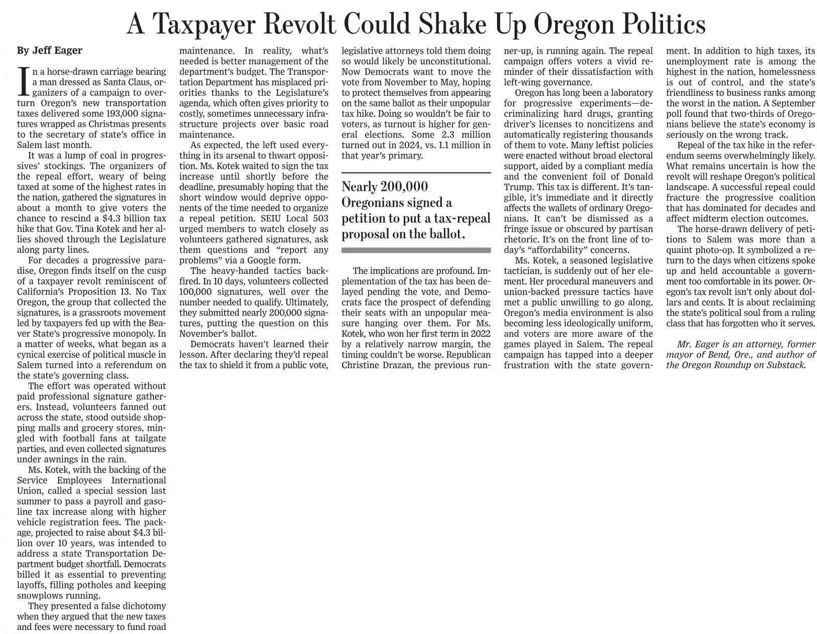 Wall Street Journal meets Oregon tax hike - by Jeff Eager