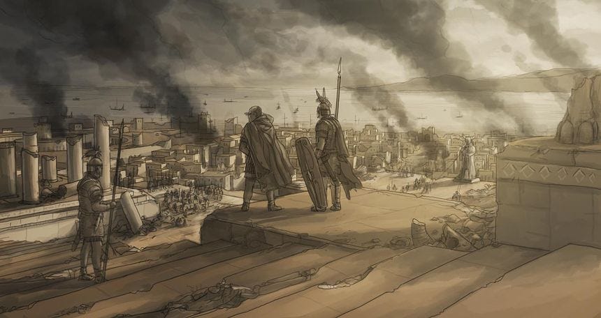 r/PhoeniciaHistoryFacts - The destruction of Carthage, 146 BC was commanded by Scipio Aemilianus, adoptive grandson of Scipio Africanus, the famed general who defeated Hannibal at the Battle of Zama. Under the orders of the Senate, Aemilianus utterly destroyed and plowed the city of Carthage so that it would never rise again r/PhoeniciaHistoryFacts - Η καταστροφή της Καρχηδόνας, το 146 π.Χ. διοικήθηκε από τον Σκιπίωνα Αιμιλιανό, θετό εγγονό του Σκιπίωνα Αφρικανού, του διάσημου στρατηγού που νίκησε τον Αννίβα στη μάχη της Ζάμα. Υπό τις διαταγές της Συγκλήτου, ο Αιμιλιανός κατέστρεψε ολοσχερώς και όργωσε την πόλη της Καρχηδόνας, ώστε να μην ξανασηκωθεί ποτέ