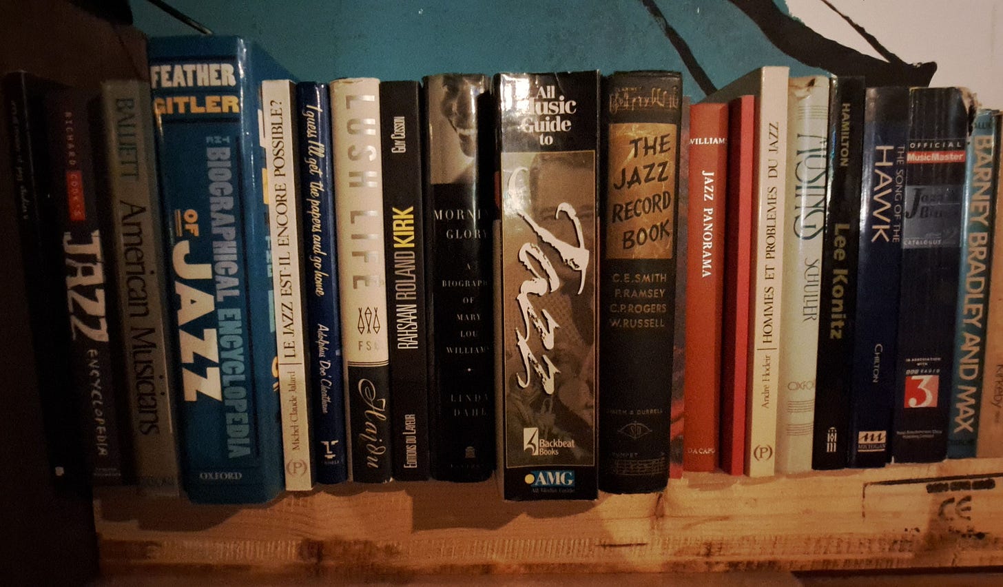 Jazz and music books on a shelf