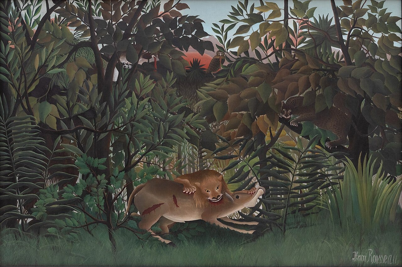 A lion biting an antelope under a red sun with animals watching A lion biting an antelope under a red sun with animals watching
