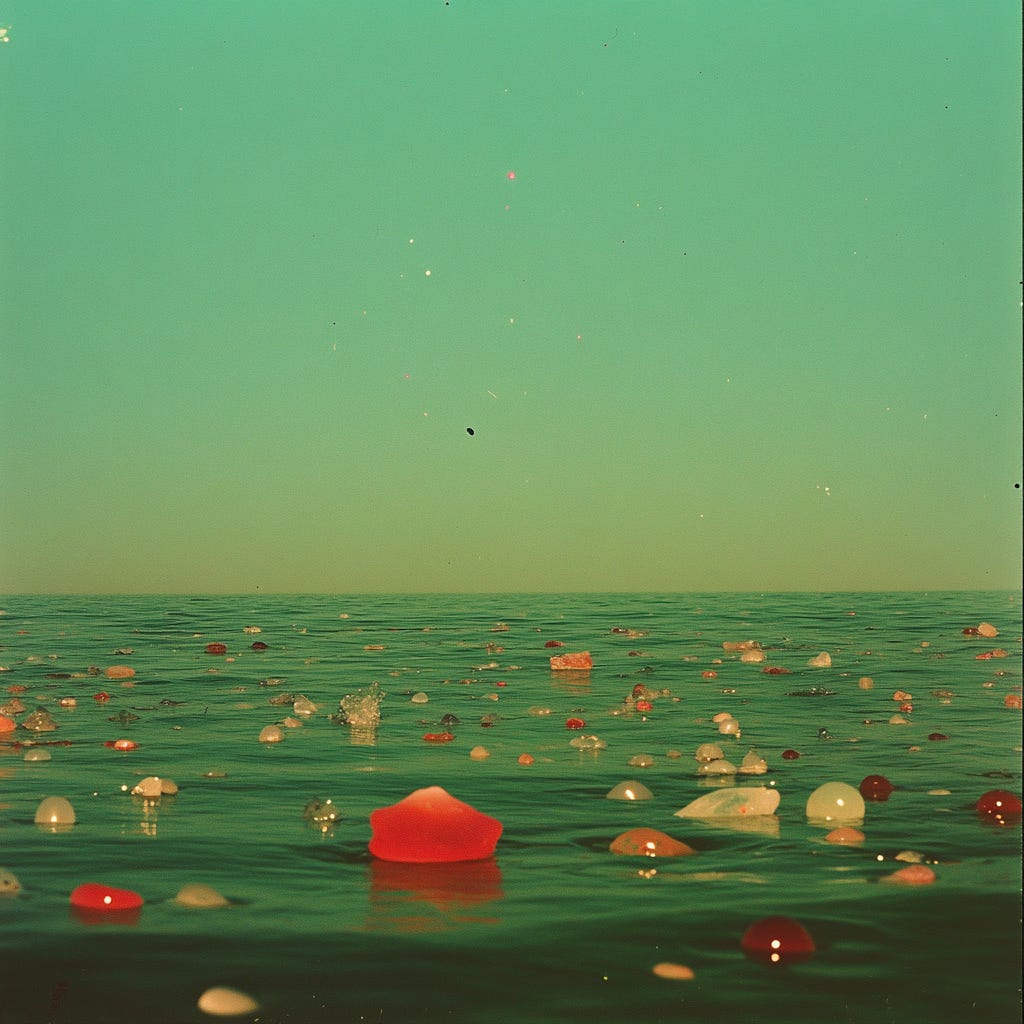 An artistic photograph of buoys or floating objects scattered across green-tinted ocean water under a mint green sky. Various red, white, and translucent spherical objects float on the water's surface, with one prominent red cone-shaped buoy in the center. The image has a dreamy, surreal quality with a vintage color palette.