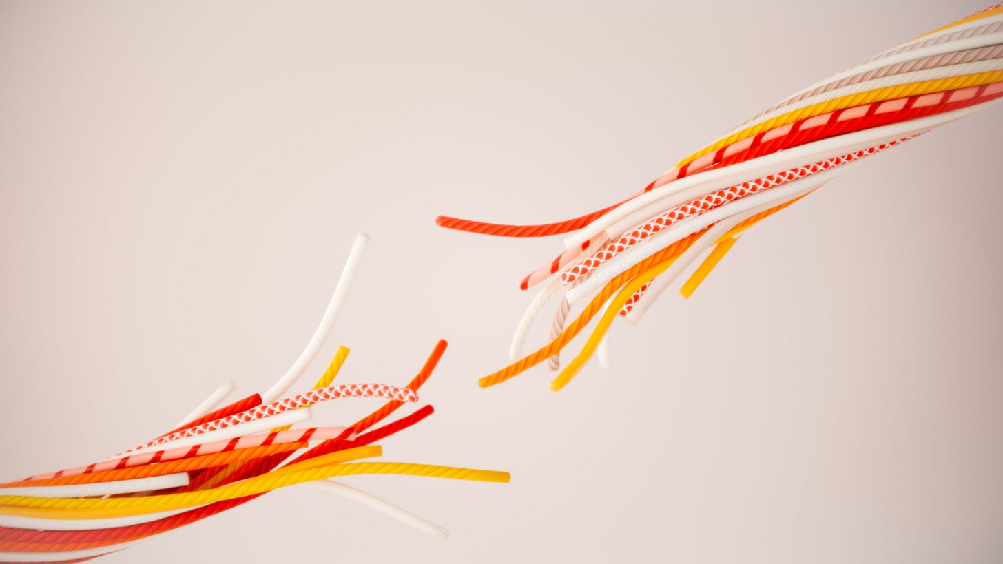 Two frayed ends of color rope