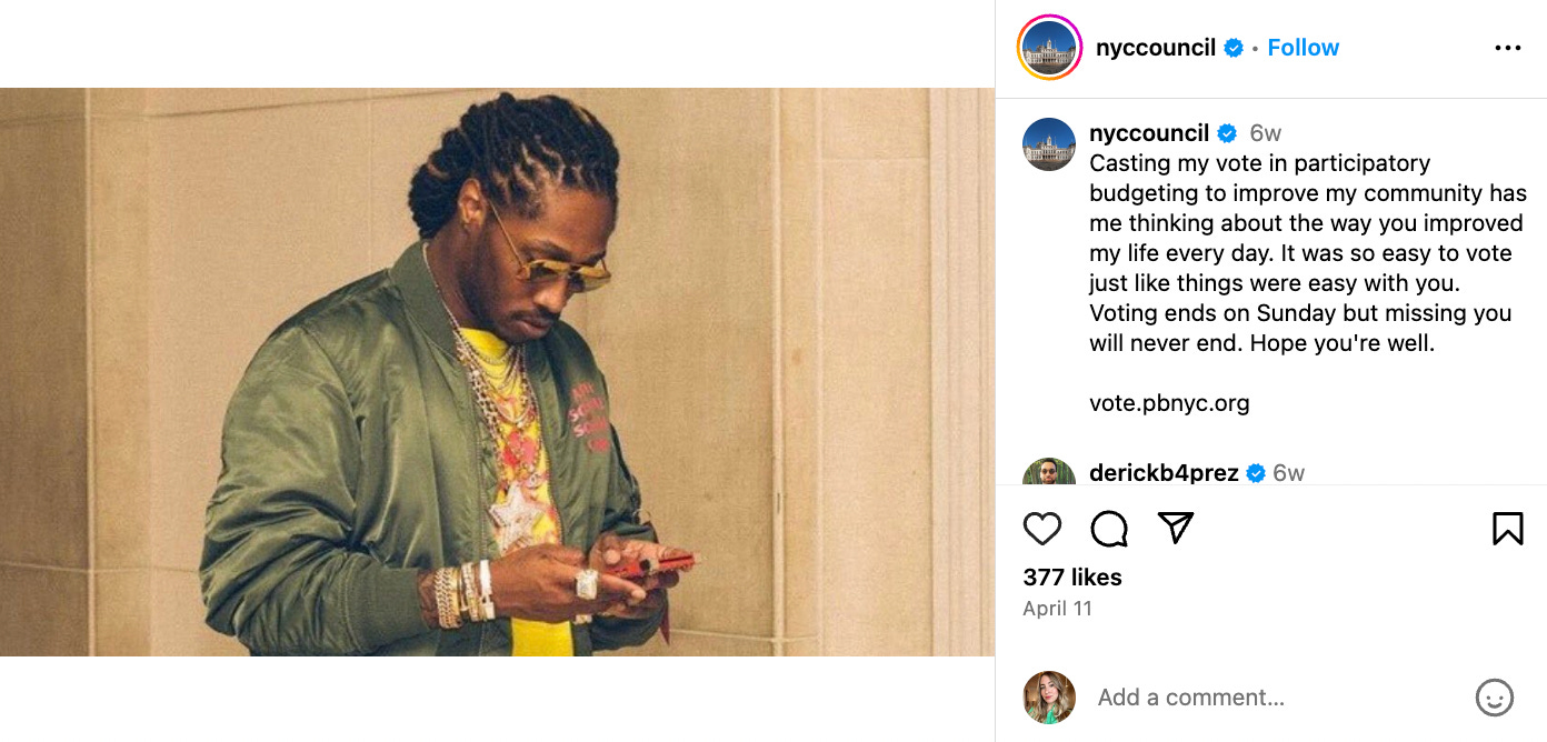 Instagram post with caption "Casting my vote in participatory budgeting to improve my community has me thinking about the way you improved my life every day. It was so easy to vote just like things were easy with you. Voting ends on Sunday but missing you will never end. Hope you're well." and photo is of someone texting Instagram post with caption "Casting my vote in participatory budgeting to improve my community has me thinking about the way you improved my life every day. It was so easy to vote just like things were easy with you. Voting ends on Sunday but missing you will never end. Hope you're well." and photo is of someone texting