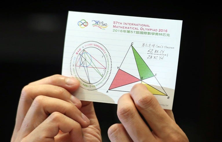 Close up of a stamp sheetlet on the theme of "57th International Mathematical Olympiad 2016"