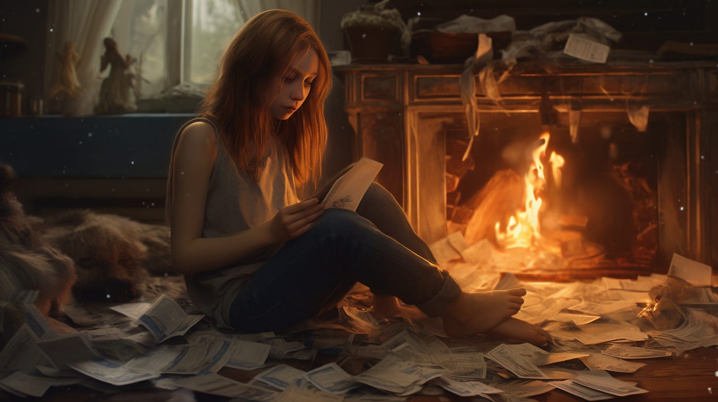 A beautiful girl sits cross-legged on the floor in front of her fireplace with a pair of scissors in hand. She calmly cuts her credit card into pieces and holds the scraps above the fire until they are burning brightly. She exhales a deep sigh of relief knowing she won't be burdened with credit card debt any longer. art by marta bevacqua, anime