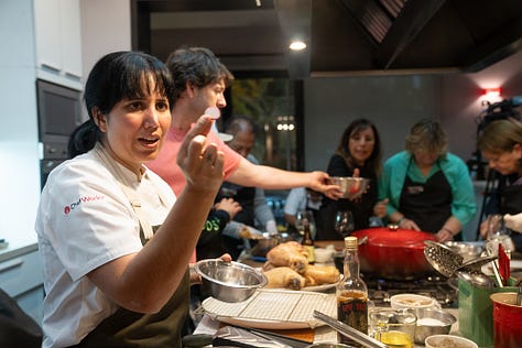 Nine images of Chef Arlette Eulert teaching, cooking, and smiling throughout her masterclass at Urban Kitchen