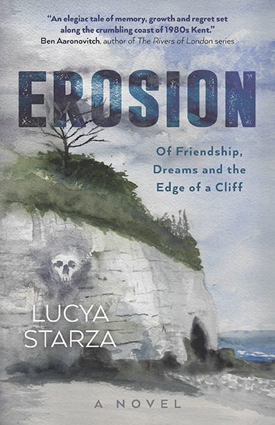 Book cover for Erosion by Lucya Starza, featuring watercolor imagery of a seaside cliff with a skull embedded in it