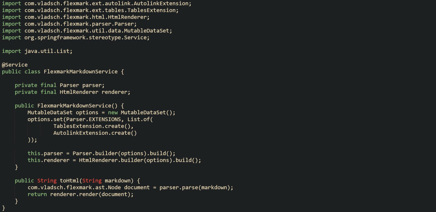 import com.vladsch.flexmark.ext.autolink.AutolinkExtension; import com.vladsch.flexmark.ext.tables.TablesExtension; import com.vladsch.flexmark.html.HtmlRenderer; import com.vladsch.flexmark.parser.Parser; import com.vladsch.flexmark.util.data.MutableDataSet; import org.springframework.stereotype.Service; import java.util.List; @Service public class FlexmarkMarkdownService { private final Parser parser; private final HtmlRenderer renderer; public FlexmarkMarkdownService() { MutableDataSet options = new MutableDataSet(); options.set(Parser.EXTENSIONS, List.of( TablesExtension.create(), AutolinkExtension.create() )); this.parser = Parser.builder(options).build(); this.renderer = HtmlRenderer.builder(options).build(); } public String toHtml(String markdown) { com.vladsch.flexmark.ast.Node document = parser.parse(markdown); return renderer.render(document); } } import com.vladsch.flexmark.ext.autolink.AutolinkExtension; import com.vladsch.flexmark.ext.tables.TablesExtension; import com.vladsch.flexmark.html.HtmlRenderer; import com.vladsch.flexmark.parser.Parser; import com.vladsch.flexmark.util.data.MutableDataSet; import org.springframework.stereotype.Service; import java.util.List; @Service public class FlexmarkMarkdownService { private final Parser parser; private final HtmlRenderer renderer; public FlexmarkMarkdownService() { MutableDataSet options = new MutableDataSet(); options.set(Parser.EXTENSIONS, List.of( TablesExtension.create(), AutolinkExtension.create() )); this.parser = Parser.builder(options).build(); this.renderer = HtmlRenderer.builder(options).build(); } public String toHtml(String markdown) { com.vladsch.flexmark.ast.Node document = parser.parse(markdown); return renderer.render(document); } }