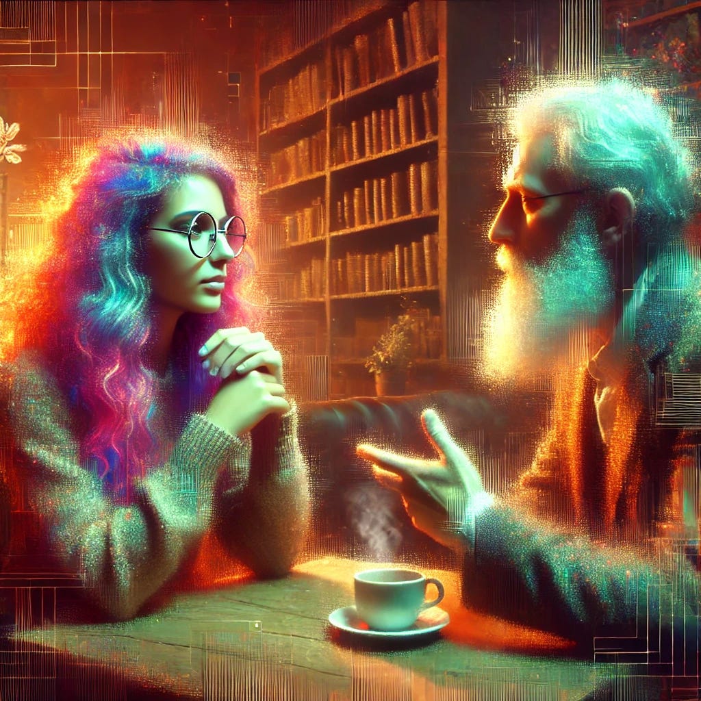 A futuristic, artistic interpretation of a deep conversation between a young woman with vibrant, wavy hair and glasses and an elderly man with a long white beard. They are seated across from each other in a cozy café, engaged in an intellectual discussion. The setting is softly lit, with bookshelves in the background and a steaming cup of coffee on the table. The atmosphere is warm and inviting, with a blend of realism and impressionism, incorporating pixelated or mosaic-like textures.