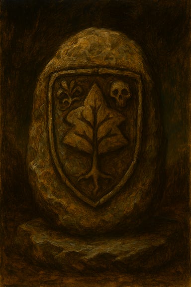 The crest Morgantha gave Silverleaf lies in her palm, etched into a small stone worn smooth by time. The symbol is ancient and Traladaran in origin—a stylized raven perched atop a twisted branch, encircled by a ring of thorns. Faint runes shimmer along the edge, some cracked, others glowing with residual curse energy. The stone itself is dark gray, flecked with silver, and the atmosphere is quiet, ominous, and steeped in ancestral memory—capturing the moment Silverleaf studies the crest before tucking it into her cloak. The crest Morgantha gave Silverleaf lies in her palm, etched into a small stone worn smooth by time. The symbol is ancient and Traladaran in origin—a stylized raven perched atop a twisted branch, encircled by a ring of thorns. Faint runes shimmer along the edge, some cracked, others glowing with residual curse energy. The stone itself is dark gray, flecked with silver, and the atmosphere is quiet, ominous, and steeped in ancestral memory—capturing the moment Silverleaf studies the crest before tucking it into her cloak.