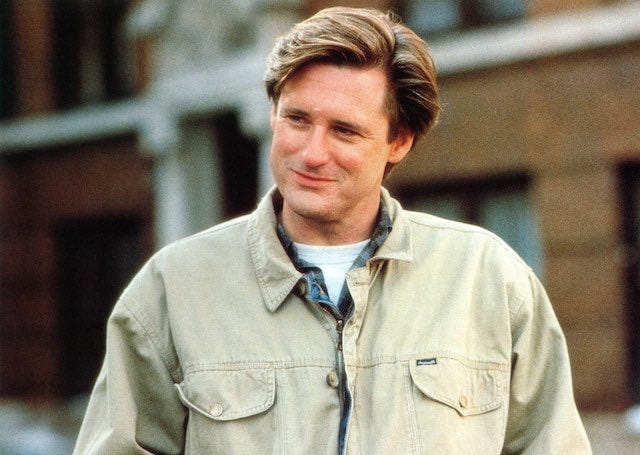 On the left: Bill Pullman in a khaki jacket; on the right: Bill Pullman in the same jacket flipped to its denim side.
