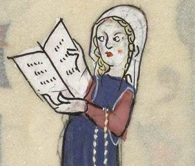 This may contain: a drawing of a woman holding a book in her right hand and wearing a blue dress