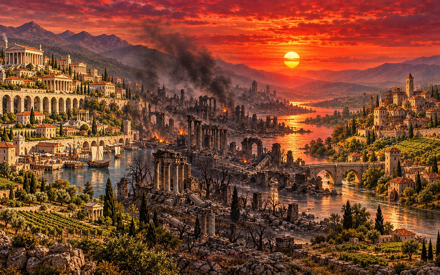 Realistic landscape with strongly contrasting phases: a prosperous intact classical city and green cultivated fields on the left, a dark devastated city with shattered buildings, burnt trees, smoke and small fires in the centre, and an intact rebuilt town with green farmland on the right. A prominent sun shines beneath a crimson sky. Realistic landscape with strongly contrasting phases: a prosperous intact classical city and green cultivated fields on the left, a dark devastated city with shattered buildings, burnt trees, smoke and small fires in the centre, and an intact rebuilt town with green farmland on the right. A prominent sun shines beneath a crimson sky.