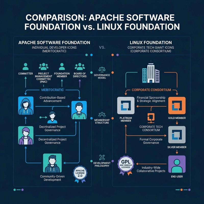 Comparison Diagram of ASF versus Linux Foundation showing individual vs corporate membership Comparison Diagram of ASF versus Linux Foundation showing individual vs corporate membership