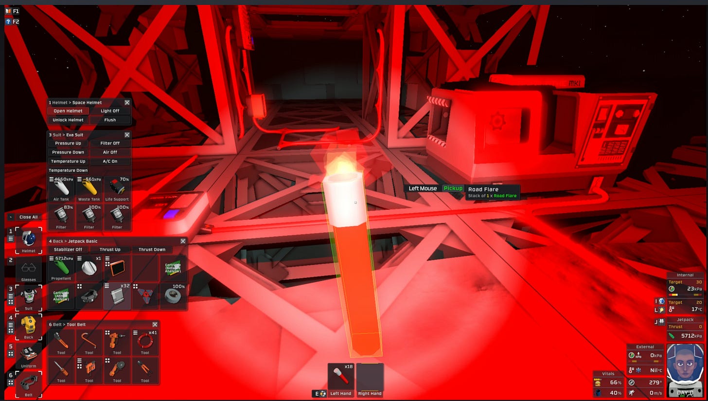 Moon base illuminated by a road flare during nighttime EVA between base and lander.