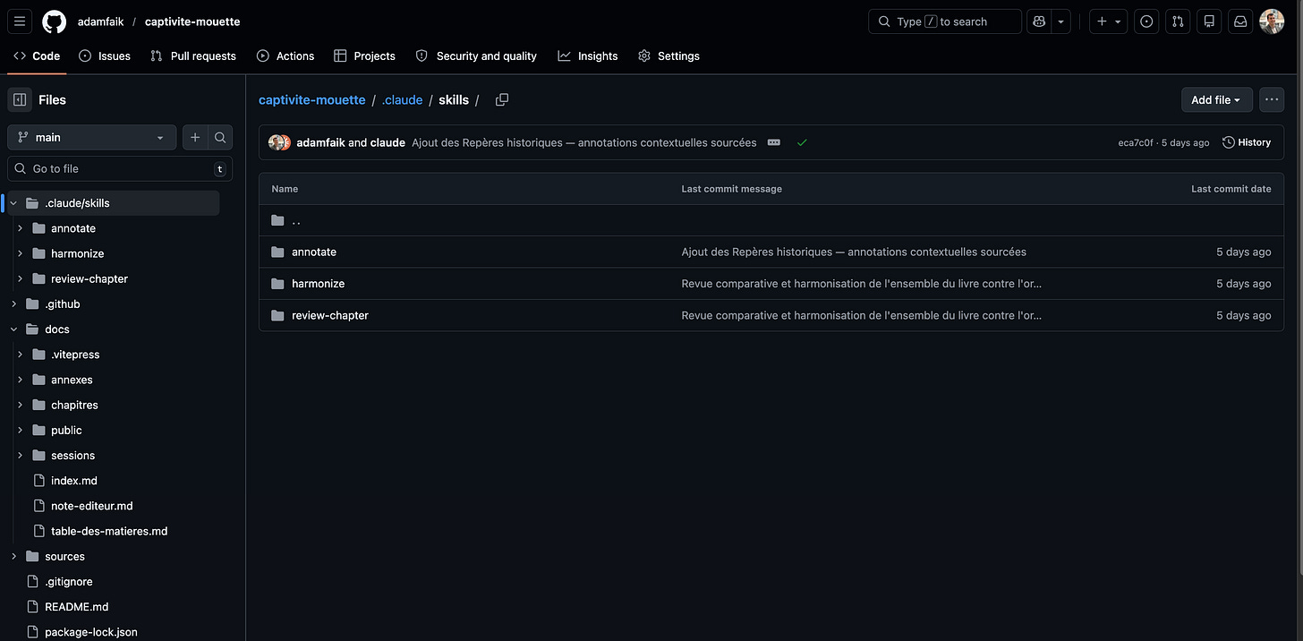 GitHub directory view showing the .claude/skills folder with three subfolders (annotate, harmonize, review-chapter), each containing a SKILL.md file