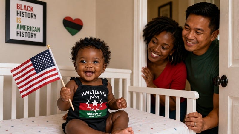 Brown-skinned baby wears a Juneteenth jumper while holding a U.S. flag, and her Filipino father and Black mother look on. Brown-skinned baby wears a Juneteenth jumper while holding a U.S. flag, and her Filipino father and Black mother look on.