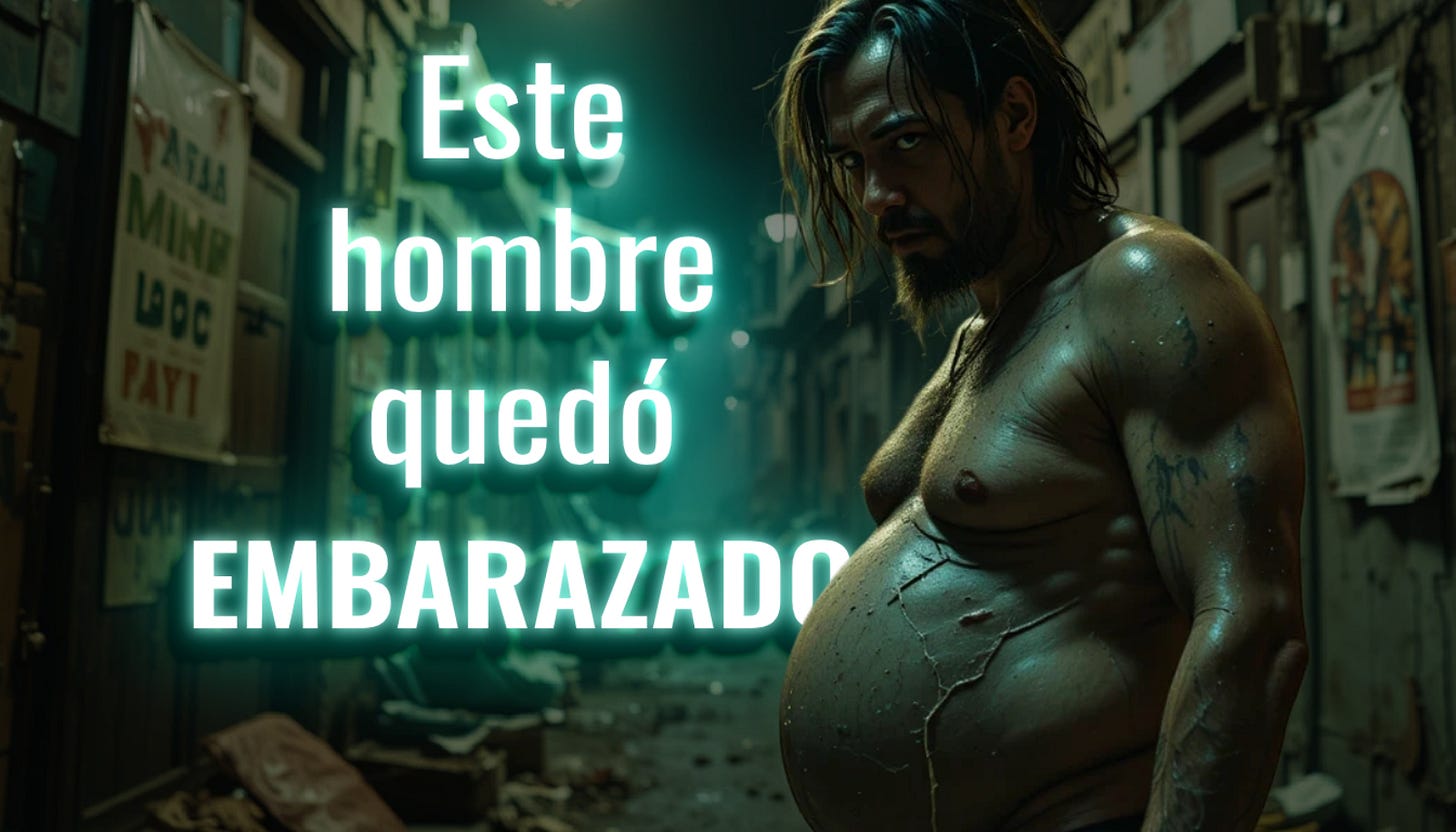 Hombre con panza monstruosa, embarazado, mira desafiante en un callejón sucio y oscuro de Salta
