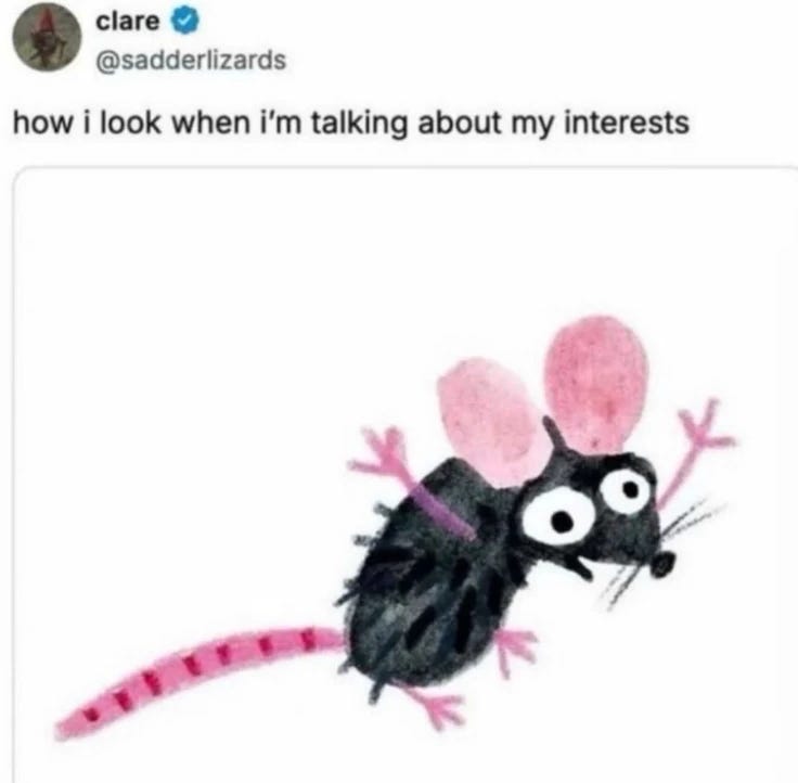 This may contain: an image of a rat with pink ears on it's back and the caption says, how i look when i'm talking about my interests