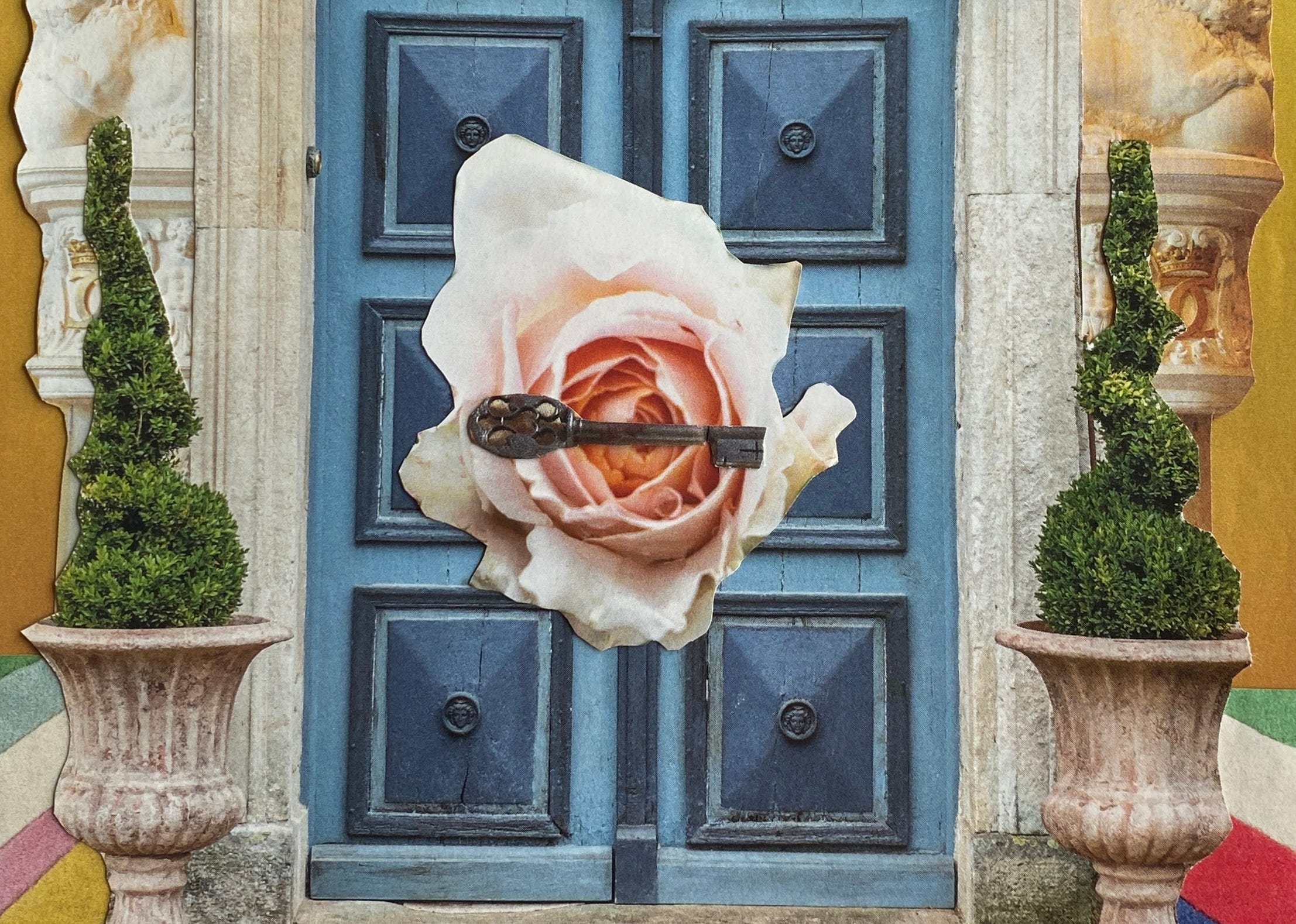 A crop of the cover for Cardcraft: a rose and key floating in front of a set of blue double doors