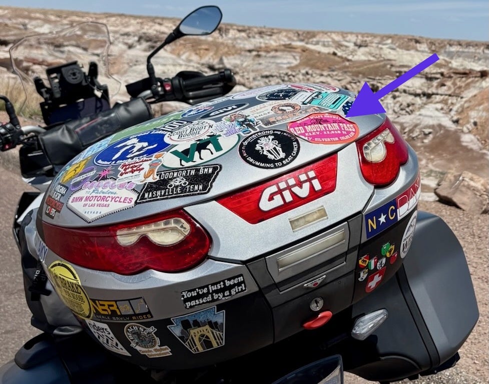 destination stickers on a motorcycle top case