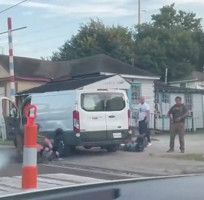 Houston resident Juliet Martinez captured this image as she drove past the scene shortly after Lorenzo Salgado Araujo was shot during an encounter with ICE agents on Tuesday, July 7, 2026. (Screen capture of video by Juliet Martinez via Houston Chronicle on x.com)