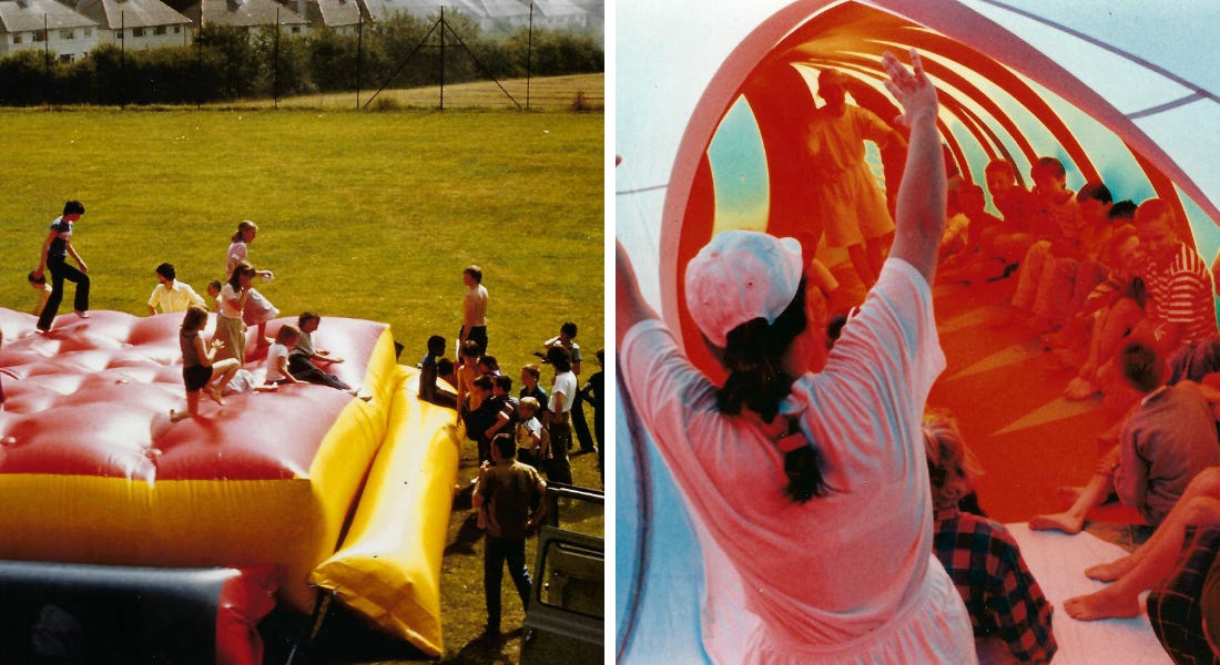 Two pictures - one of an air bed in a field with children on top of it, and a woman and children sitting in a colourful pod