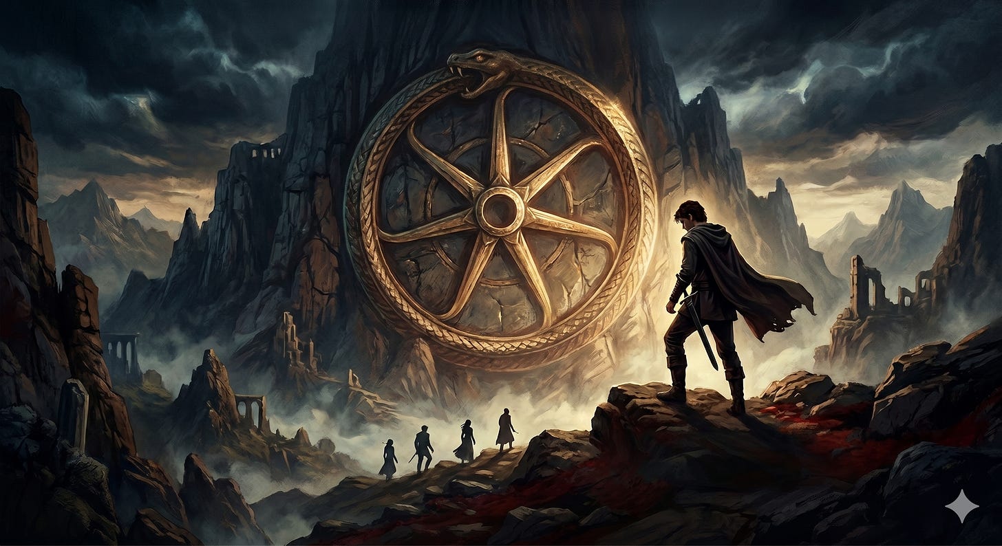 A high-fantasy painting showing a lone warrior on a rocky cliff, looking up at a colossal stone mountain containing a massive golden Wheel of Time symbol with a serpent ouroboros, as a small group of travelers approaches below. A high-fantasy painting showing a lone warrior on a rocky cliff, looking up at a colossal stone mountain containing a massive golden Wheel of Time symbol with a serpent ouroboros, as a small group of travelers approaches below.