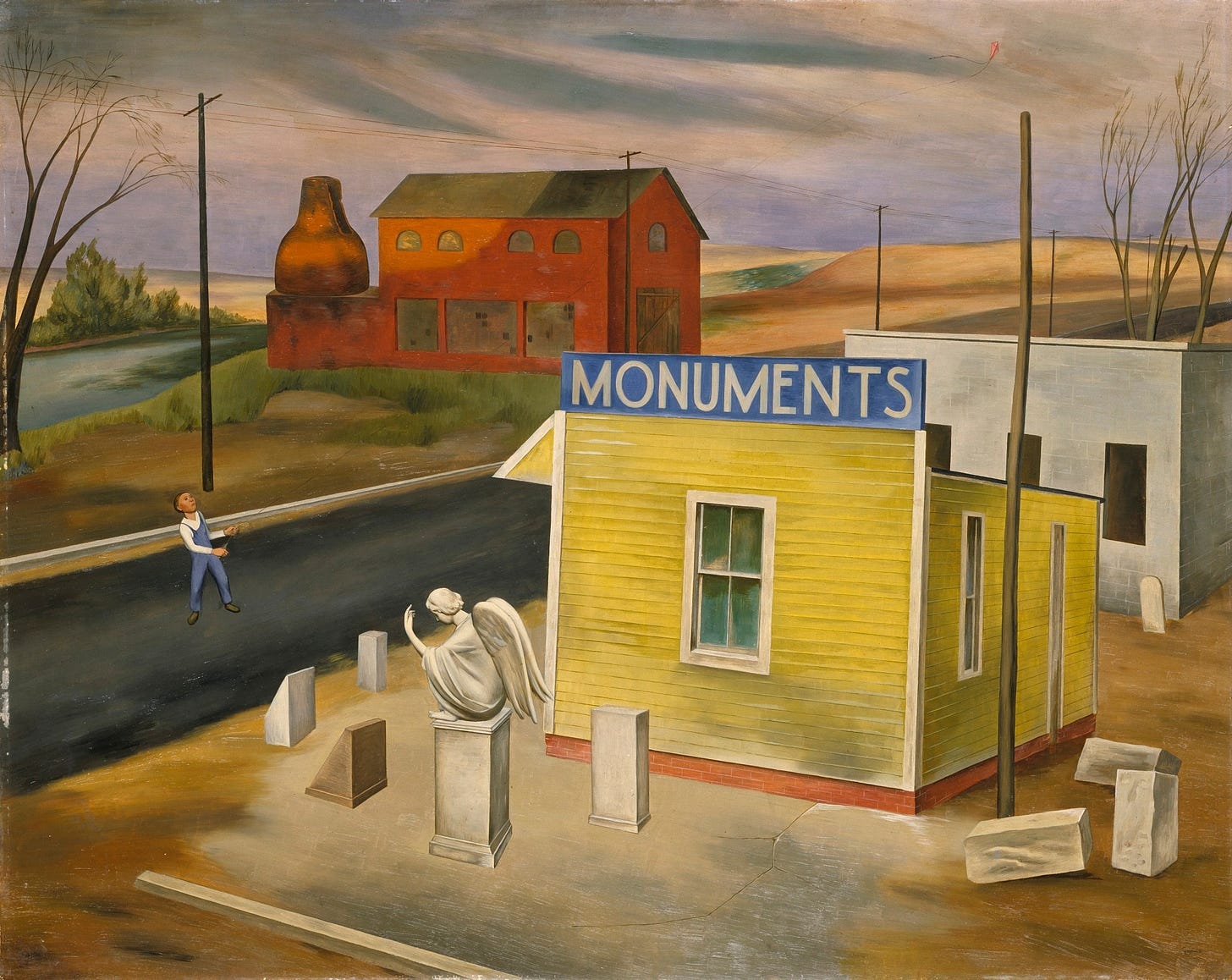May be art of 1 person, monument, road and text that says 'MONUMENTS 咖 二7'