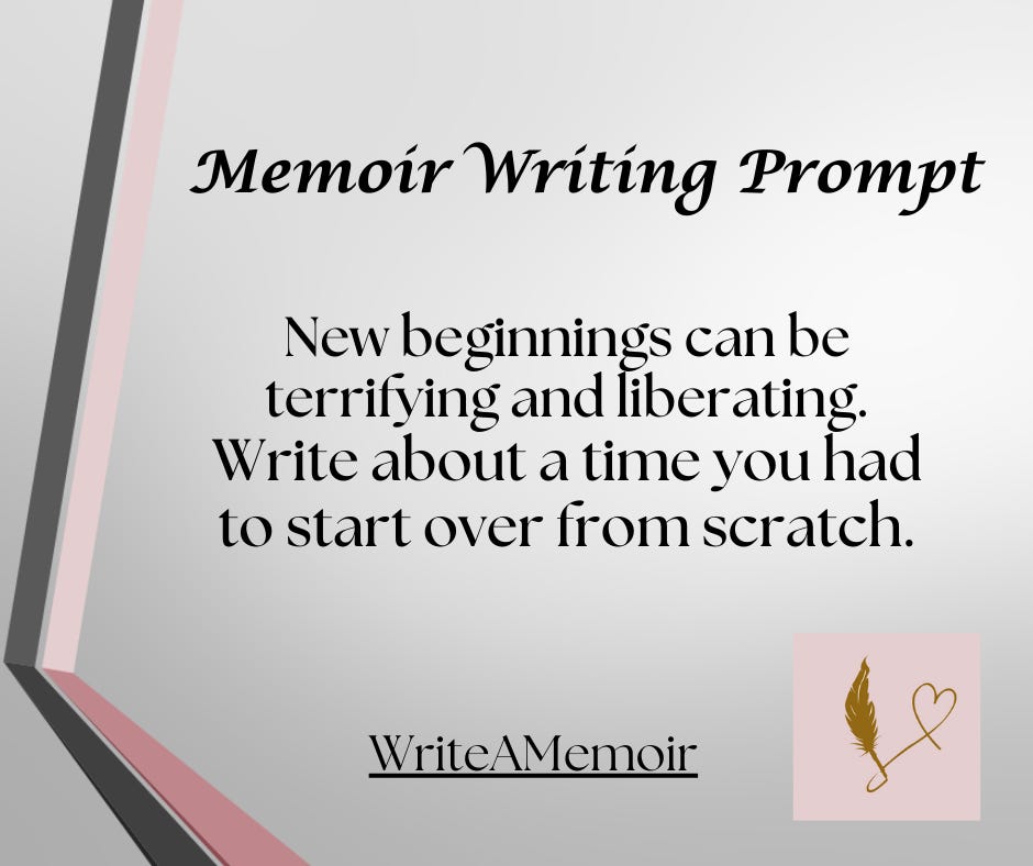 Just a text graphic: Memoir Writing Prompt. New beginnings can be terrifying. Write about a time when you had to start over from scratch. Grey background with a pink and black stripe on the left hand side. Yeah. It's a PowerPoint slide. 