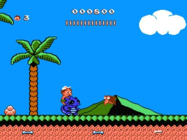 A screenshot from Adventure Island II of Master Higgins riding a dinosaur pal