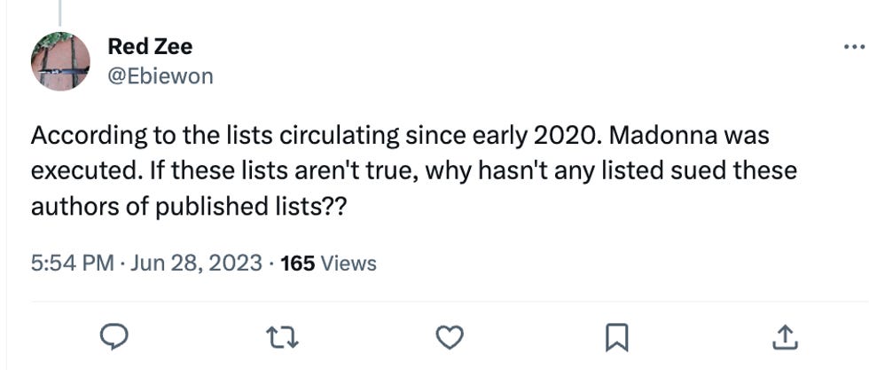 According to the lists circulating since early 2020. Madonna was executed. If these lists aren't true, why hasn't any listed sued these authors of published lists??