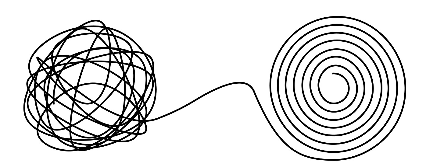 Illustration of a tangled ball of lines transitioning into a smooth spiral, symbolizing how generational insights bring clarity and grounding amid change and complexity.
