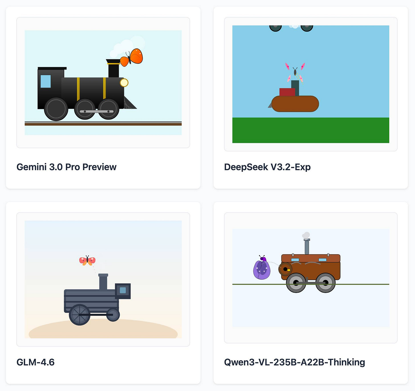 Gemini 3.0 Pro Preview drew the best steam engine with nice gradients and a butterfly hovering near the chimney. DeepSeek V3.2-Exp drew a floating brown pill with a hint of a chimney and a butterfly possibly on fire. GLM-4.6 did the second best steam engine with a butterfly nearby. Qwen3-VL-235B-A22B-Thinking did a steam engine that looks a bit like a chests on wheels and a weird purple circle. Gemini 3.0 Pro Preview drew the best steam engine with nice gradients and a butterfly hovering near the chimney. DeepSeek V3.2-Exp drew a floating brown pill with a hint of a chimney and a butterfly possibly on fire. GLM-4.6 did the second best steam engine with a butterfly nearby. Qwen3-VL-235B-A22B-Thinking did a steam engine that looks a bit like a chests on wheels and a weird purple circle.