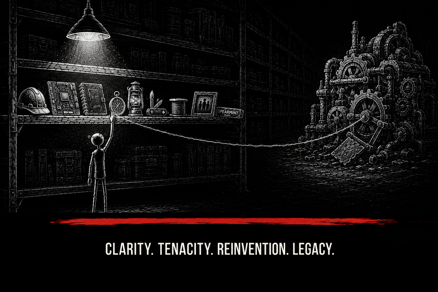 A lone figure stands beneath a hanging lamp in a vast warehouse, reaching toward a shelf holding a hard hat, notebook, compass, lantern, Swiss Army knife, family photo, and other life artifacts. A faint chalk-like line connects the selected object to a large broken machine in the darkness, suggesting that the solution already exists within accumulated experience. A lone figure stands beneath a hanging lamp in a vast warehouse, reaching toward a shelf holding a hard hat, notebook, compass, lantern, Swiss Army knife, family photo, and other life artifacts. A faint chalk-like line connects the selected object to a large broken machine in the darkness, suggesting that the solution already exists within accumulated experience.