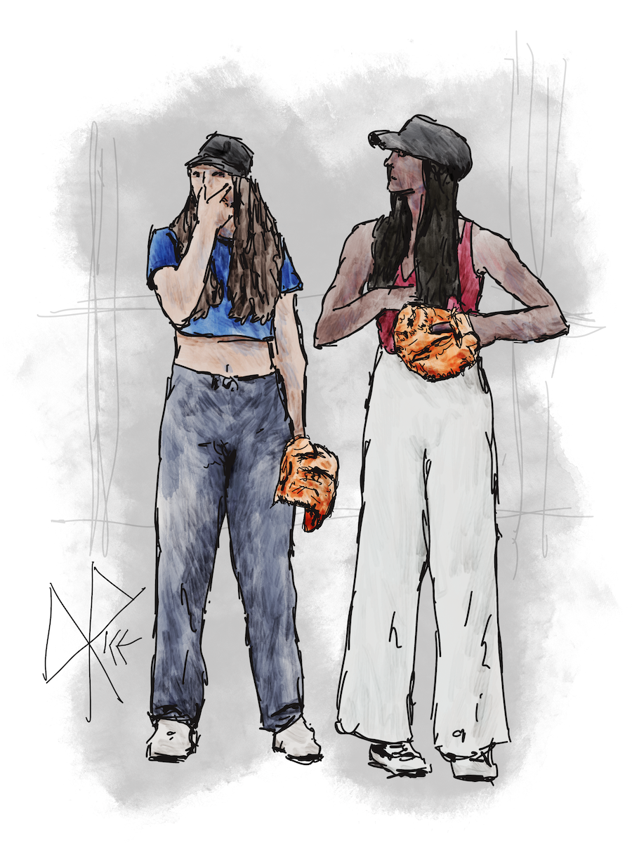 Two teen girls stand in the field, wearing their baseball gloves and caps. Sketch art by Don Rice. Two teen girls stand in the field, wearing their baseball gloves and caps. Sketch art by Don Rice.