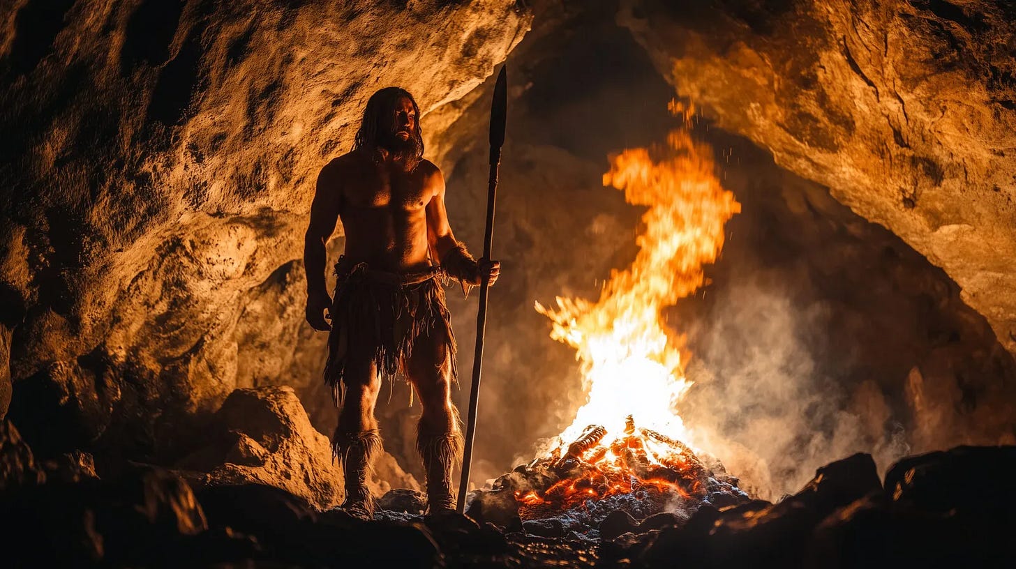 Illustration of a prehistoric human standing inside a cave beside a small fire, holding a flaming torch, with cave walls fading into shadow behind them. Illustration of a prehistoric human standing inside a cave beside a small fire, holding a flaming torch, with cave walls fading into shadow behind them.