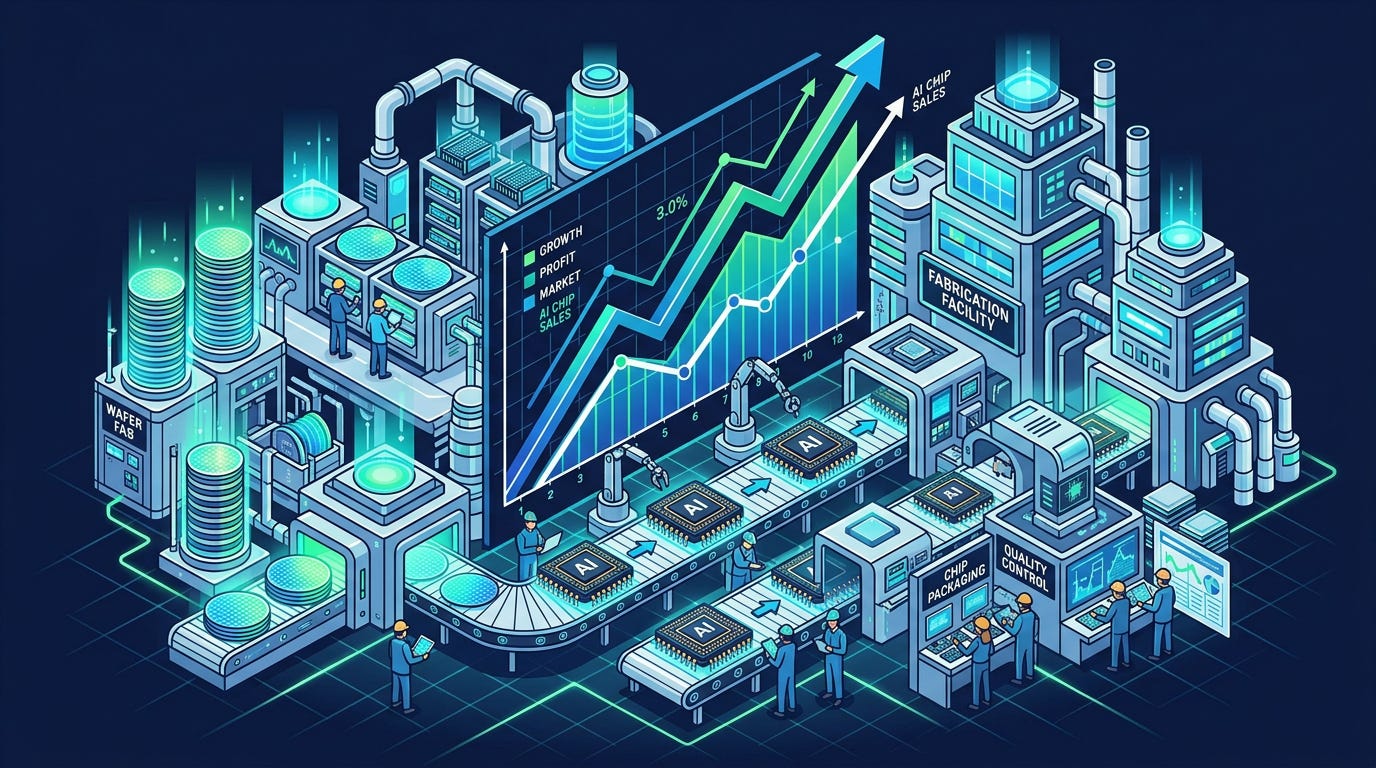 Flat isometric illustration of a massive AI chip factory with stacks of glowing semiconductor wafers, giant computer chips moving along conveyor belts, a large upward financial graph integrated into the factory, small engineers inspecting the hardware, dark navy background, clean vector art style, bold blue, green and silver accents, modern technology business editorial aesthetic Flat isometric illustration of a massive AI chip factory with stacks of glowing semiconductor wafers, giant computer chips moving along conveyor belts, a large upward financial graph integrated into the factory, small engineers inspecting the hardware, dark navy background, clean vector art style, bold blue, green and silver accents, modern technology business editorial aesthetic