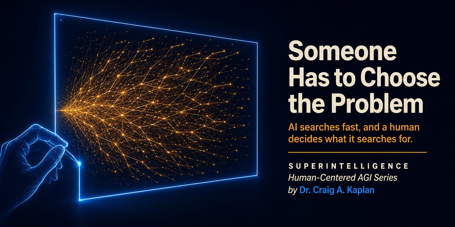 A blue wireframe hand draws a glowing frame while amber search paths branch inside it. Text reads: Someone Has to Choose the Problem. AI searches fast, and a human decides what it searches for. Superintelligence, Human-Centered AGI Series, by Dr. Craig A. Kaplan A blue wireframe hand draws a glowing frame while amber search paths branch inside it. Text reads: Someone Has to Choose the Problem. AI searches fast, and a human decides what it searches for. Superintelligence, Human-Centered AGI Series, by Dr. Craig A. Kaplan