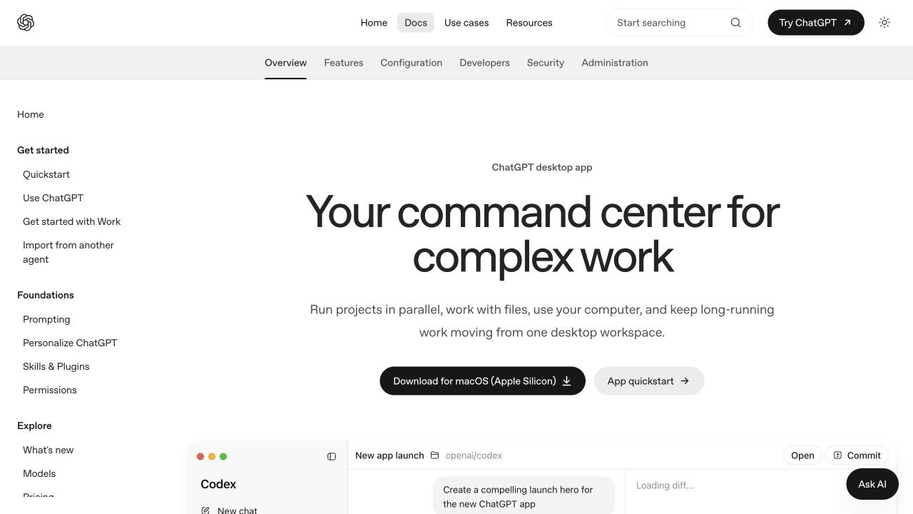 ChatGPT desktop app page showing one workspace for projects, files, browser use, and scheduled work ChatGPT desktop app page showing one workspace for projects, files, browser use, and scheduled work