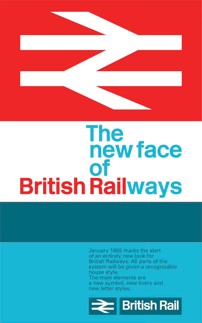 Poster titled "The new face of British Railways" introducing the double arrow design.