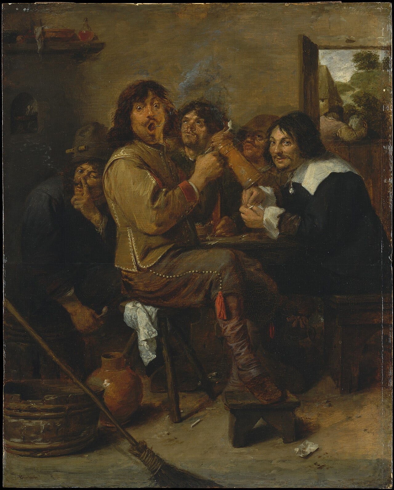 Men crowding a tavern bench mid laugh Men crowding a tavern bench mid laugh