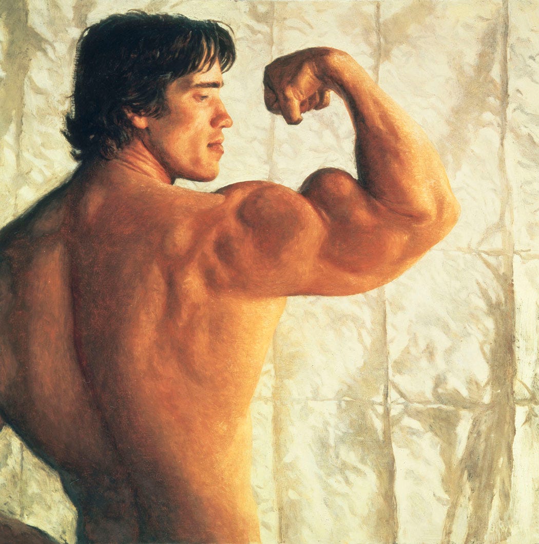 An oil painting of Arnold Schwarzenegger in profile view, flexing his biceps