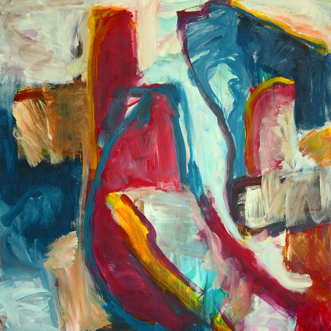 A painting of a red and blue chair A painting of a red and blue chair
